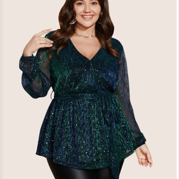 BloomChic V-Neck Waist Pleat Blouse Lantern Sleeves Sparkly Peplum Top - Picture 1 of 7
